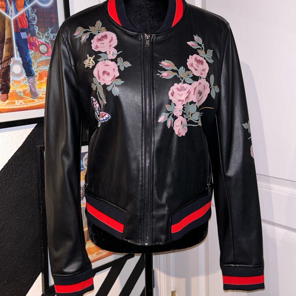 Bagatelle Collection - Vegan Leather Varsity Jacket w/ flowers - Women’s Sz L